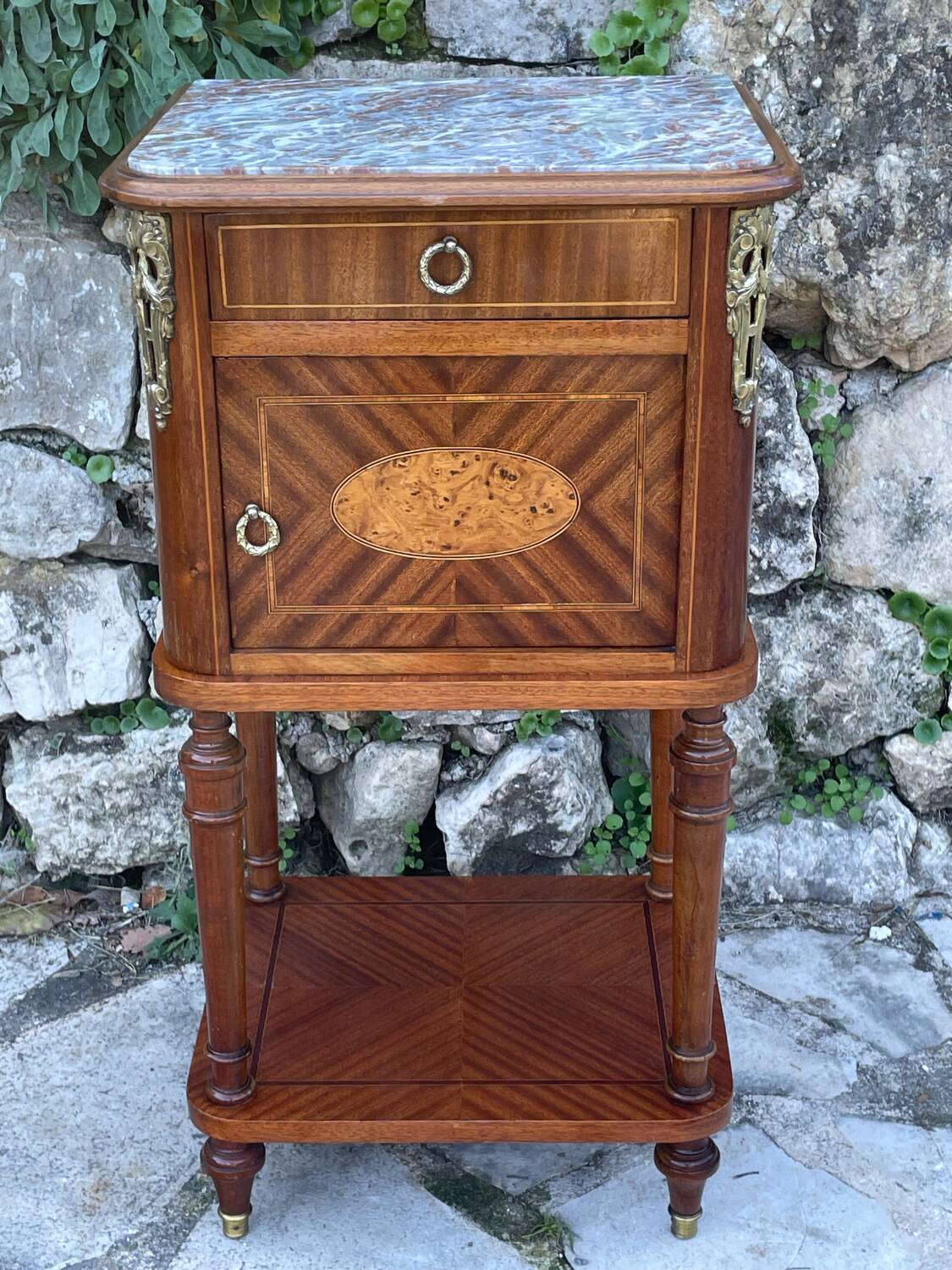 Bedside table in wood marquetry from the 19th century
