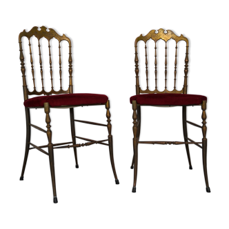 Paire de chaises en laiton velours rouge de Chiavari, années 1950