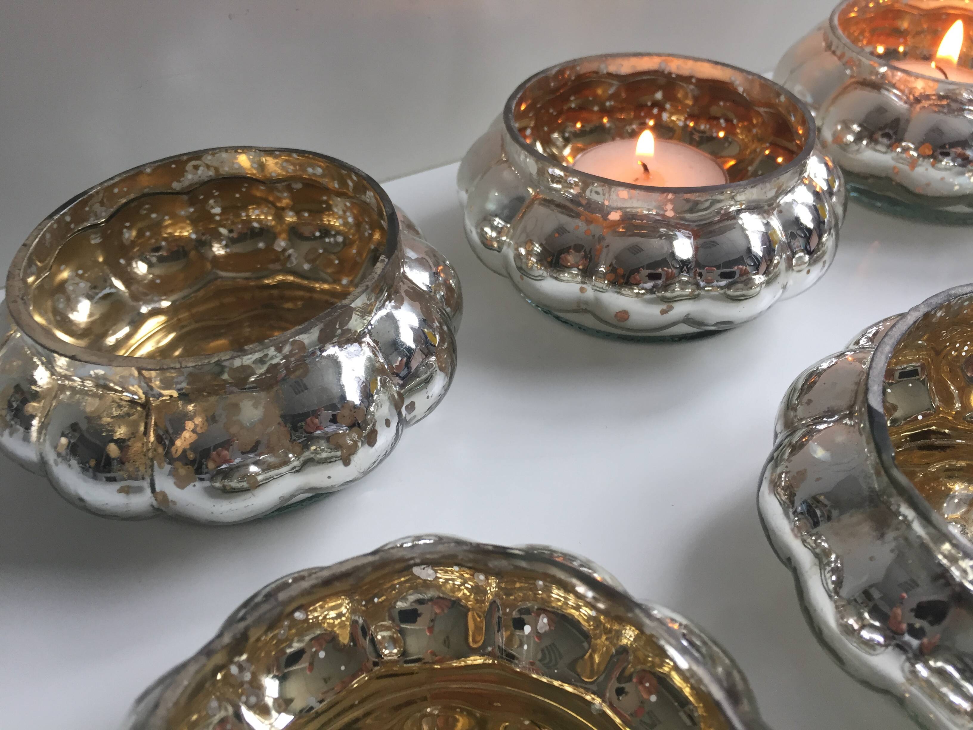 Set of 6 Mercurized Silver Glass Tealight Holders