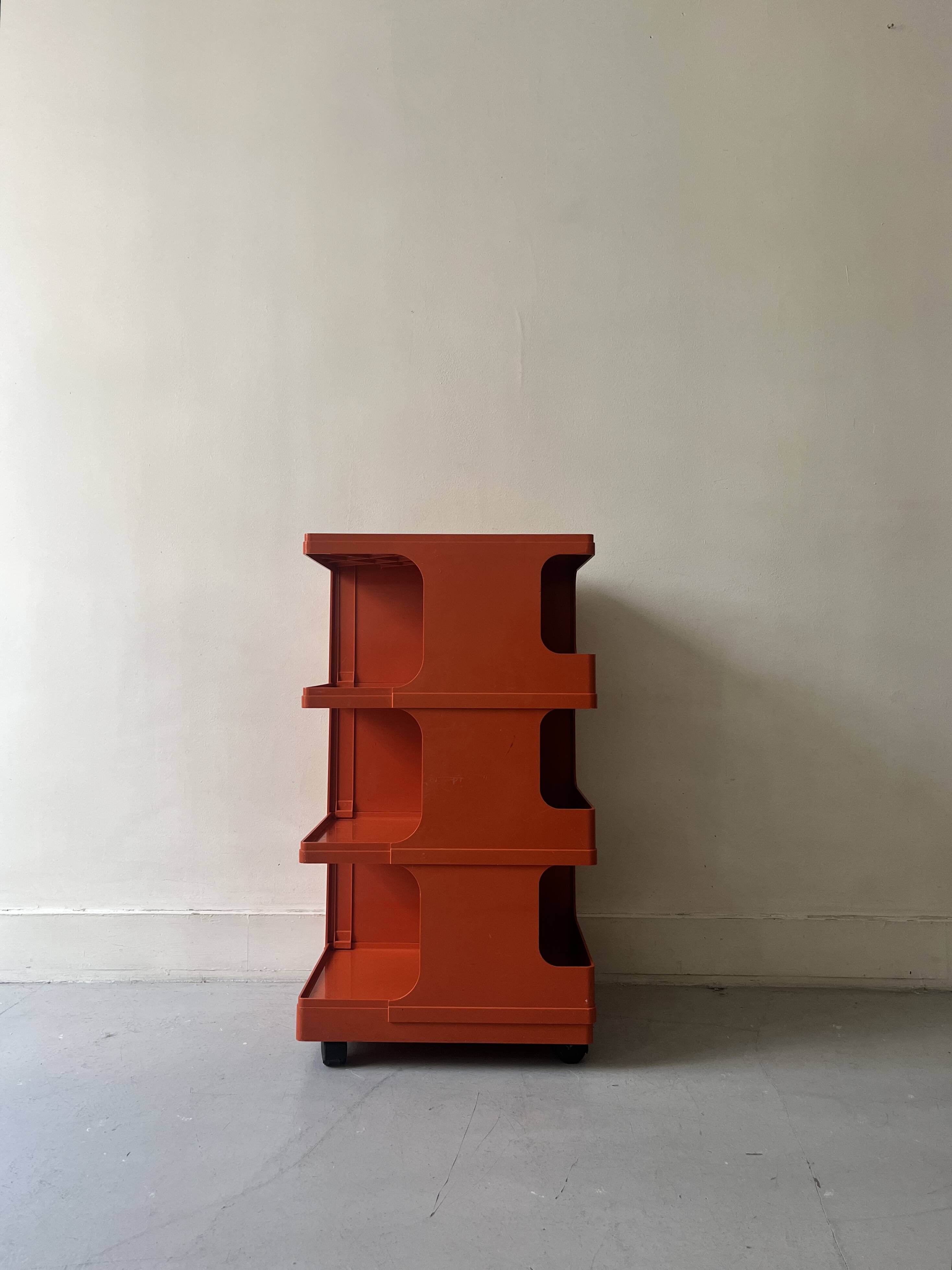 Multi-storage design serving trolley in orange abs, Stile italy 1970