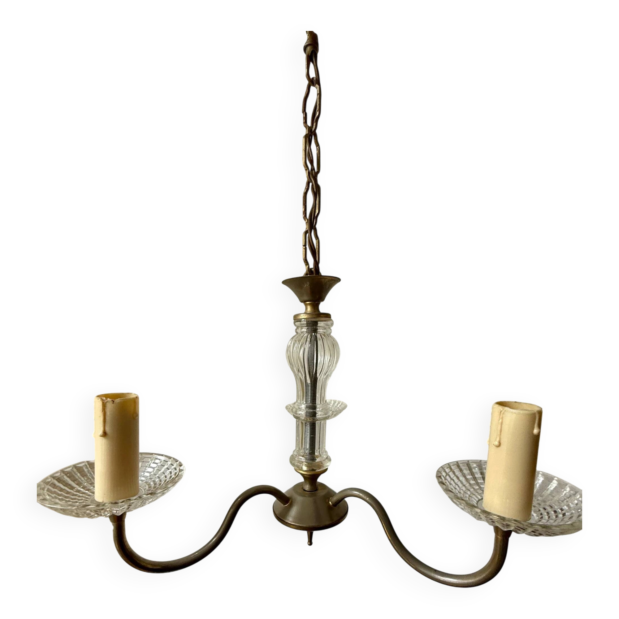 Vintage brass and glass three-branch chandelier