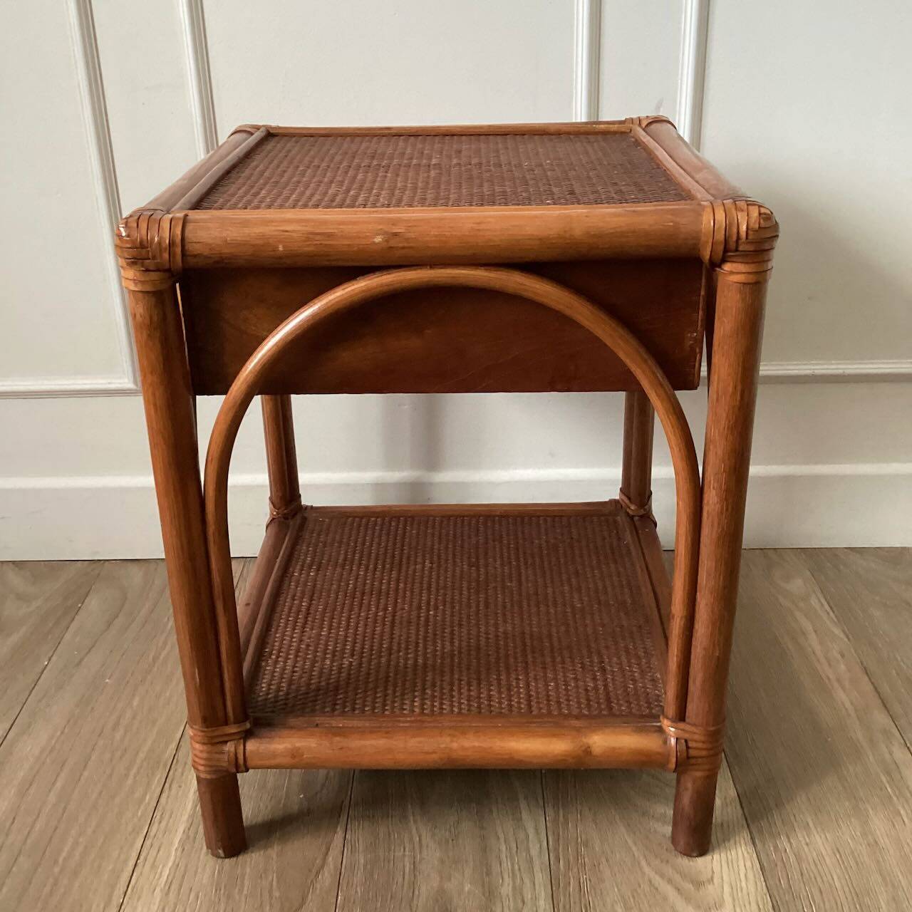 Vintage woven rattan and wicker bedside table