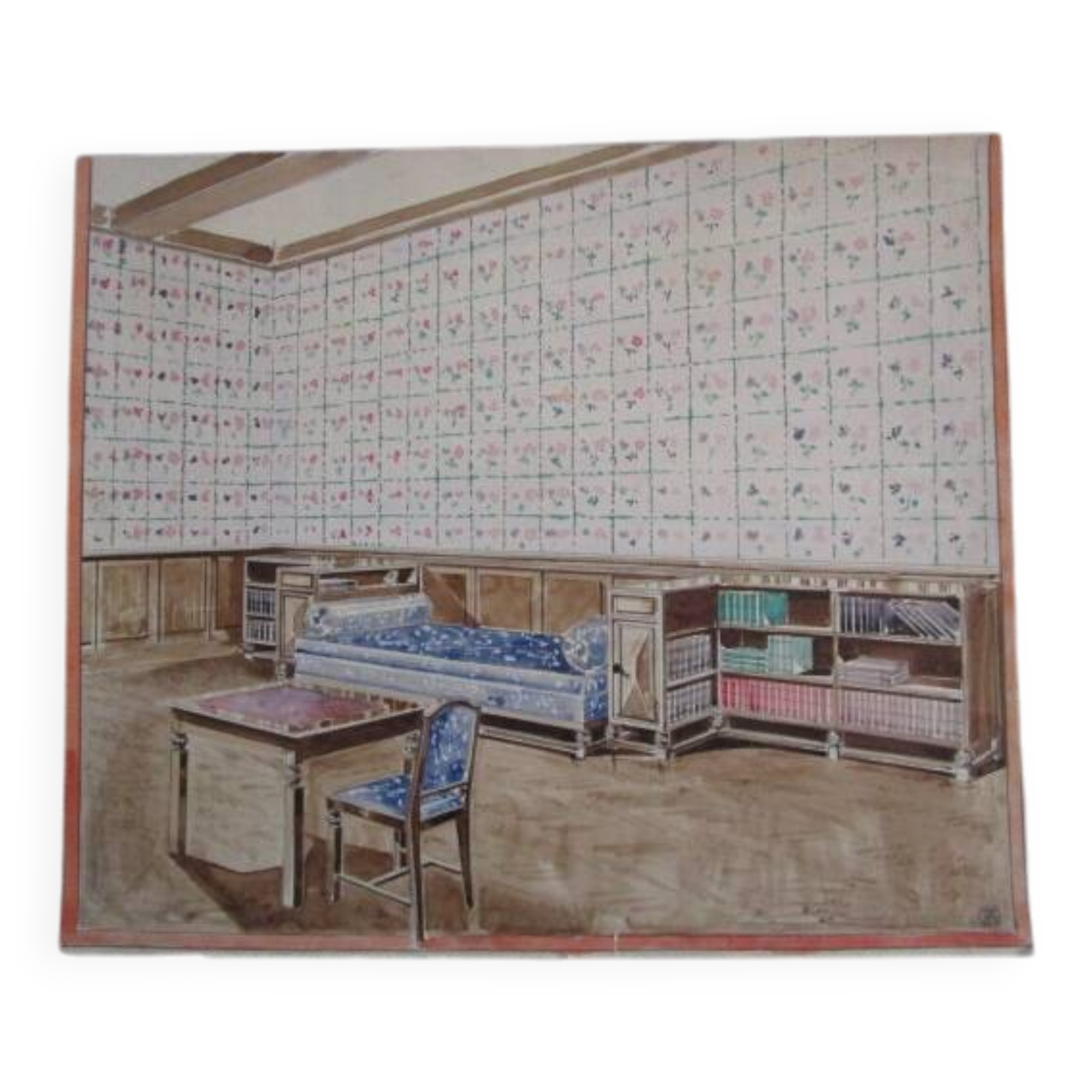 Original old watercolor - Interior architecture