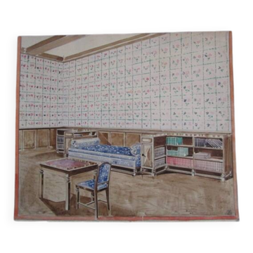 Original old watercolor - Interior architecture