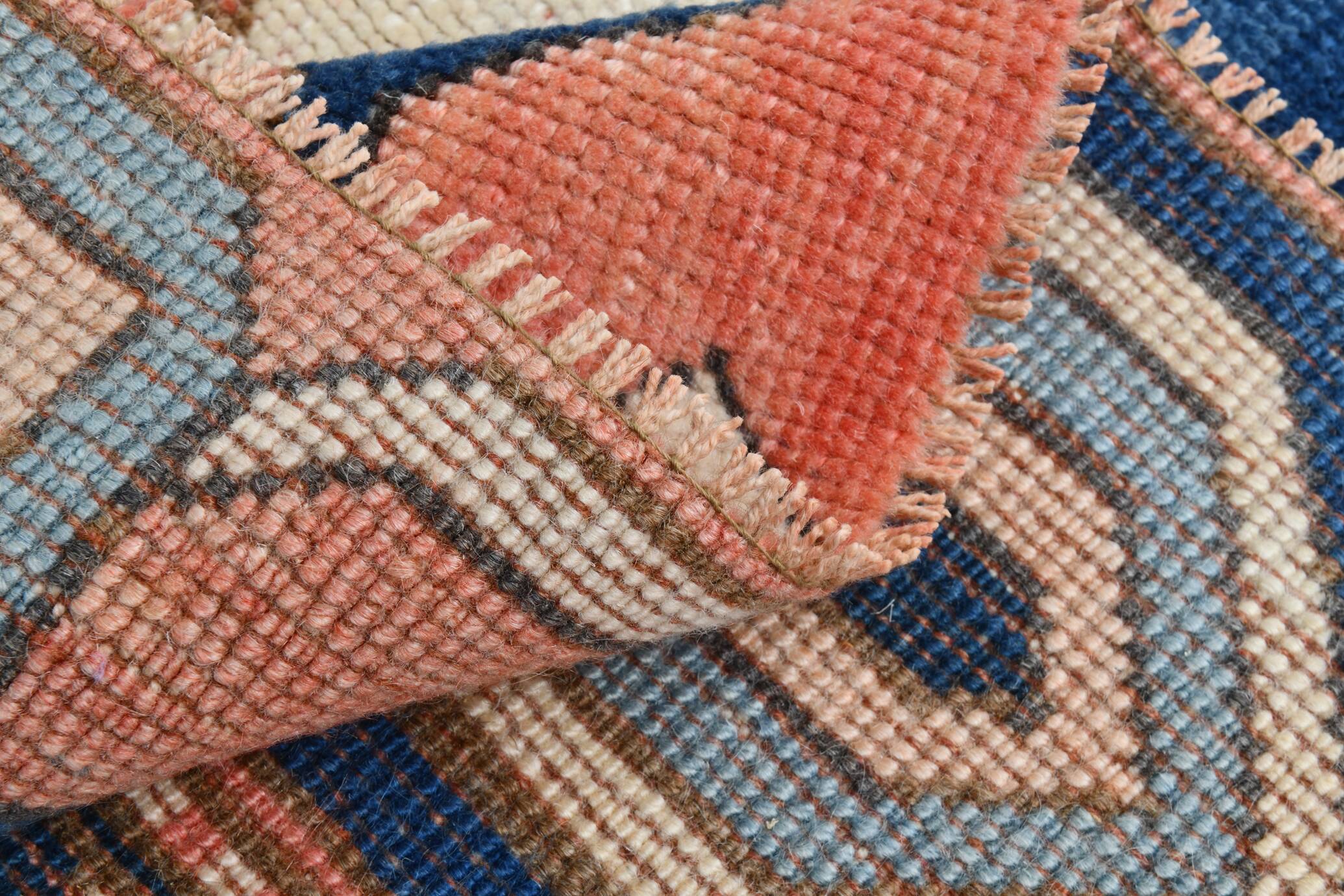 Tapis Vintage Géométrique Bleu et Rose Fait Main – Style Oriental,128x265Cm