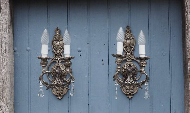 Italian Hollywood Regency Crystal Wall Lights – Silvered Metal Double Arm Light