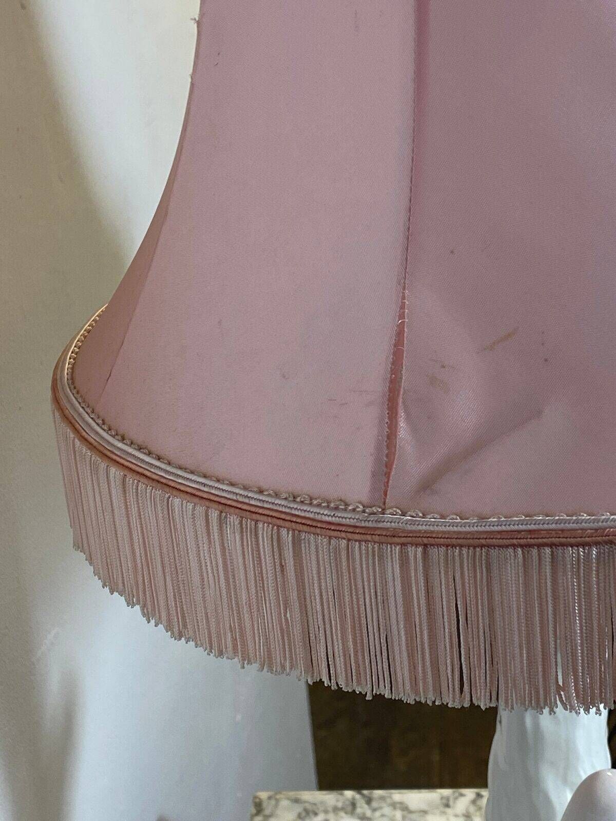 Ceramic lamp with birds, pink fringed shade, 1950s.