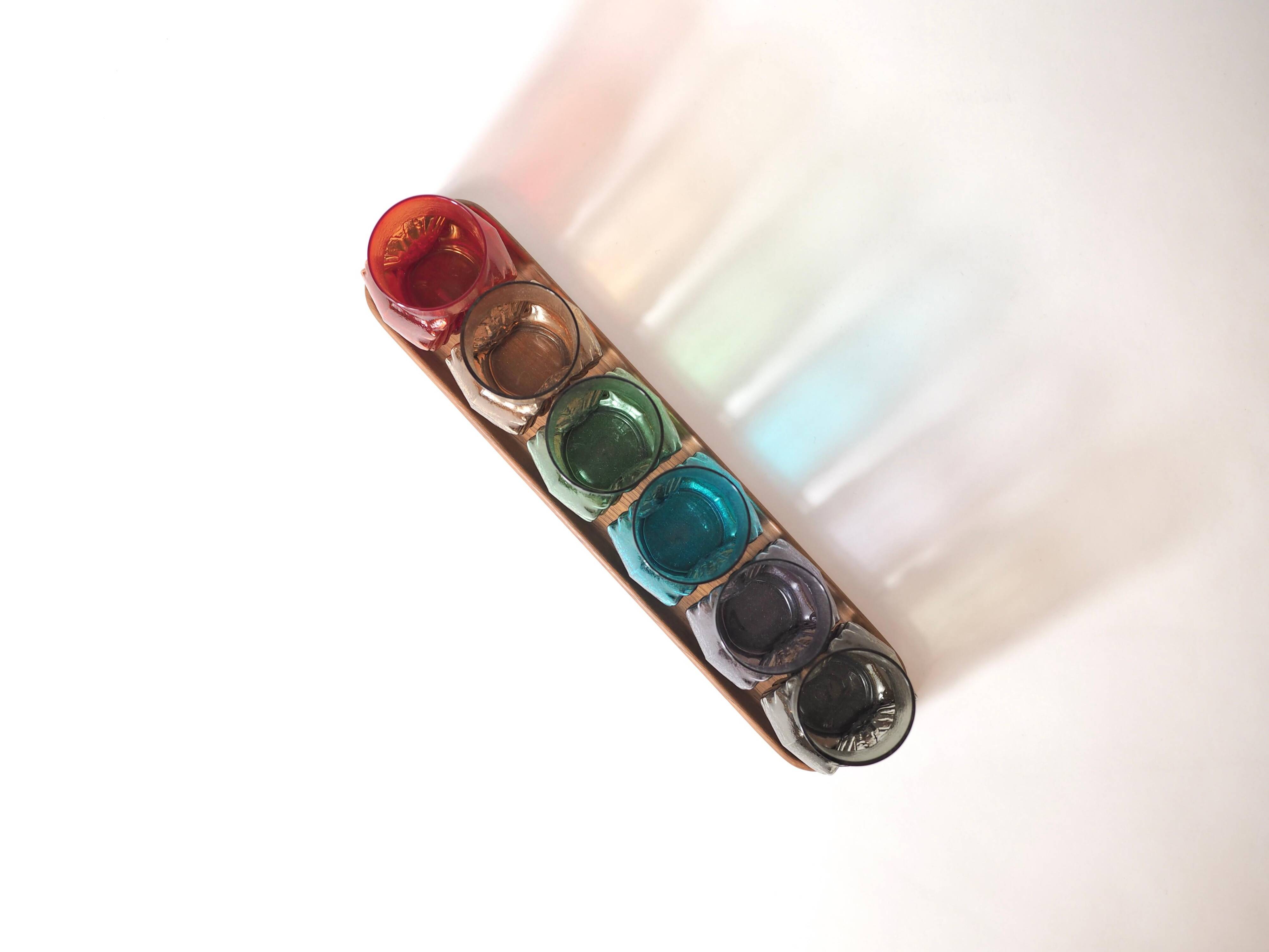 Mid-century rainbow glass set: 6 Finnish style glasses, by Kaj Franck & Lasi.