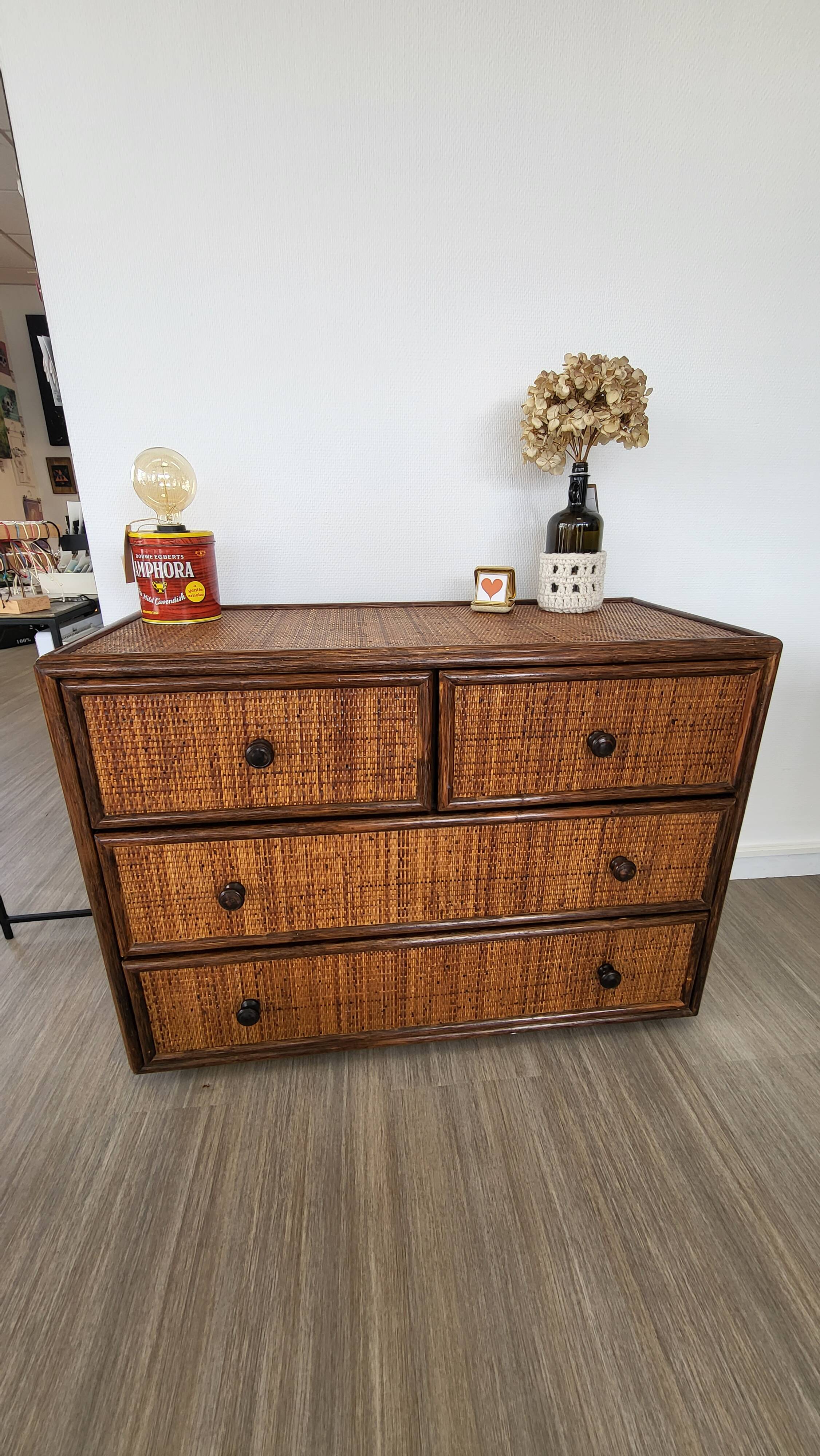 Rattan and solid wood chest of drawers
