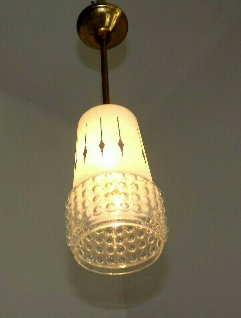 French vintage retro white & clear glass shade & gold metal ceiling light 3599