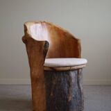 Sculptural brutalist armchair handcrafted in solid pine, Wabi Sabi style, Sweden, 1970s.