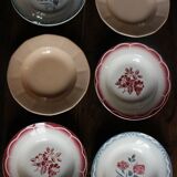 6 mismatched soup plates Digoin Sarreguemines red blue pink