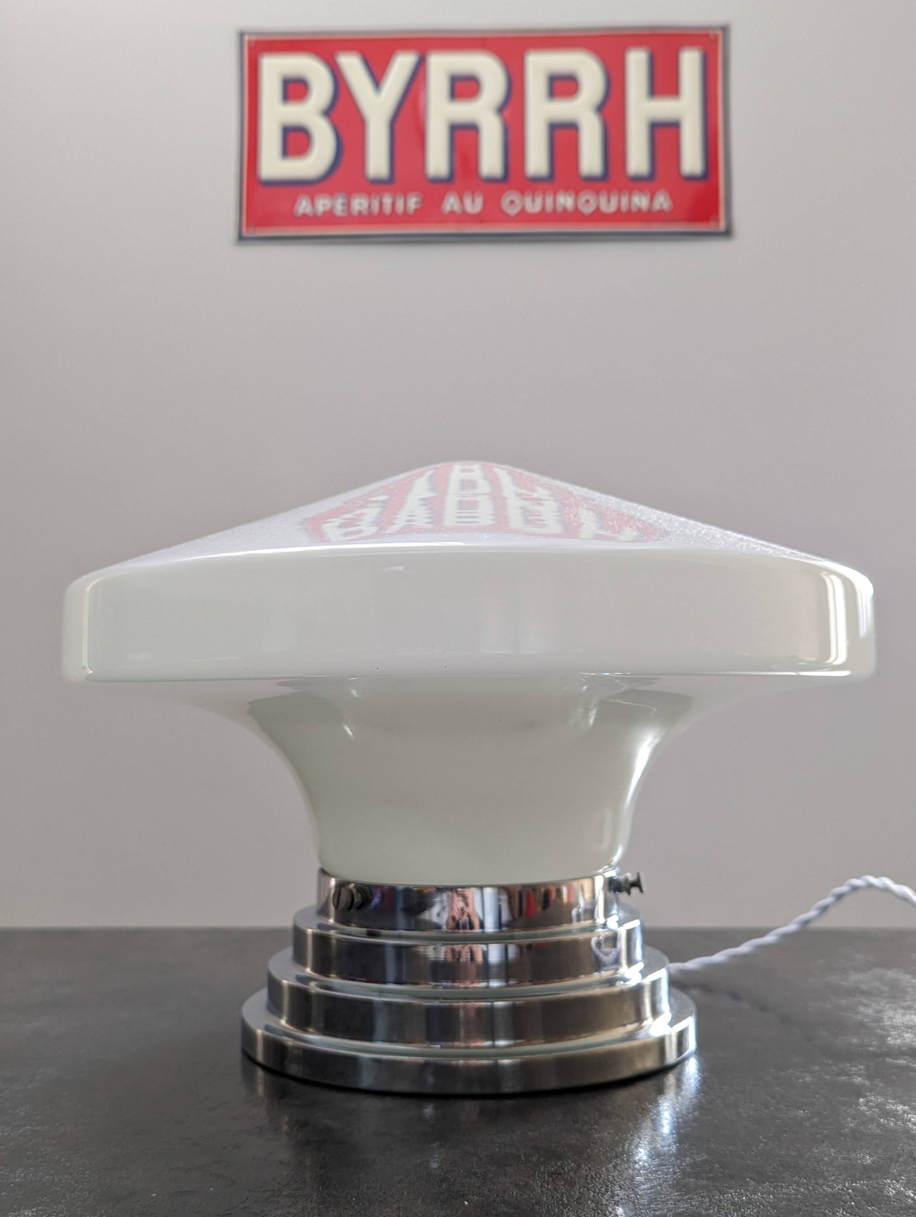 Ancien grand plafonnier skyscraper lampe à poser opaline Bahaus Art déco 1930 Ø 31 cm