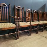 Lot suite de 4 chaises et 2 fauteuils en chêne sculpté, pieds en bobine, années 1900