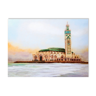 Peinture originale peinte au pastel sur papier. Dessin de la mosquée de Casablanca.