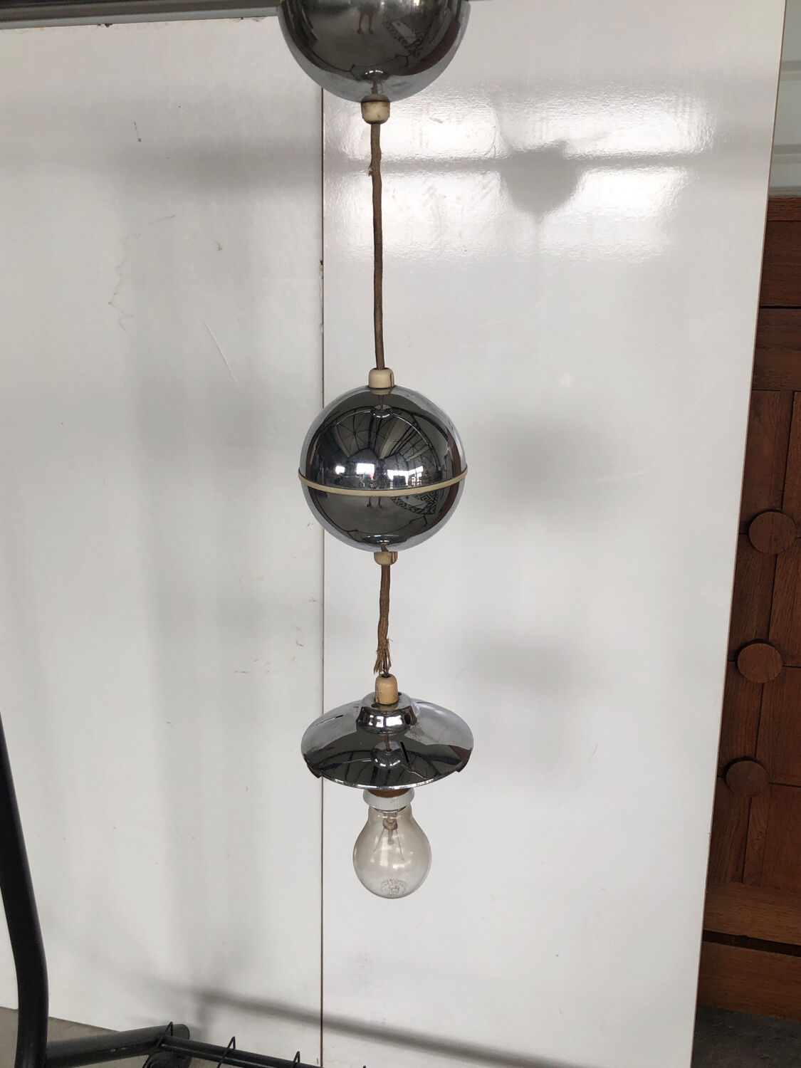 Vintage sphere pendant light in silver metal from the 70s