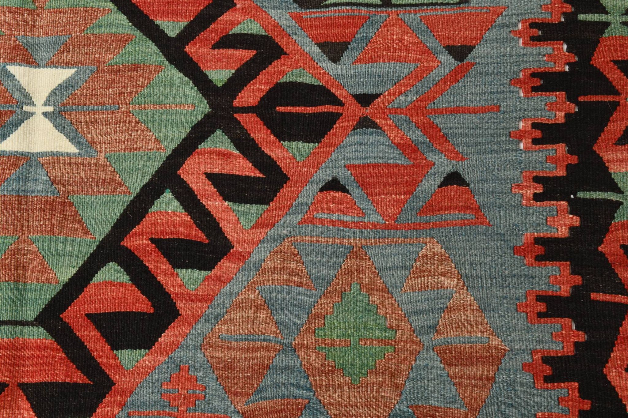 Kilim vintage anatolien tons bleu, vert et rouge géométrique, 160x317 Cm