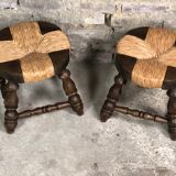 Set of 2 stools in wood and woven straw vintage 1960