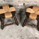 Set of 2 stools in wood and woven straw vintage 1960