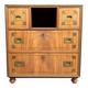 Antique campaign chest / ship’s chest, England, 1940s. Mahogany with a distinctive grain, brass inlays and hardware.