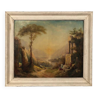 “Gallant scene in the ruins”, 19th century oil on canvas, signed and framed