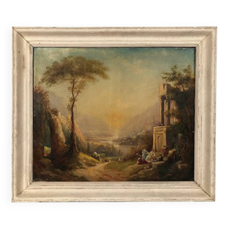 “Scène galante dans les ruines”, huile sur toile XIXe, signée et encadrée