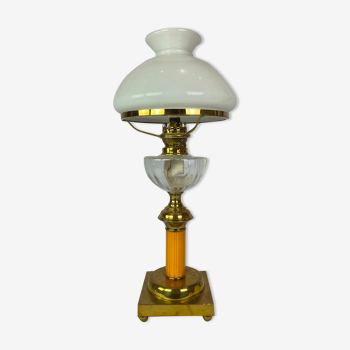 Kerosene lamp of brass with white opaline glass shade and orange glass stem, 1860s