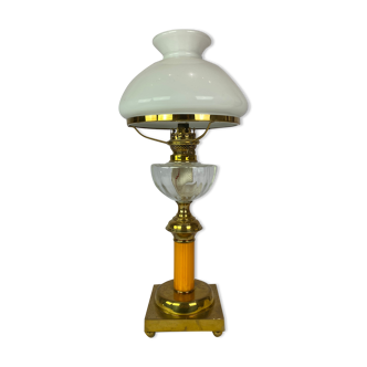 Kerosene lamp of brass with white opaline glass shade and orange glass stem, 1860s