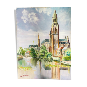 Huile sur toile Cathédrale en bord de rivière