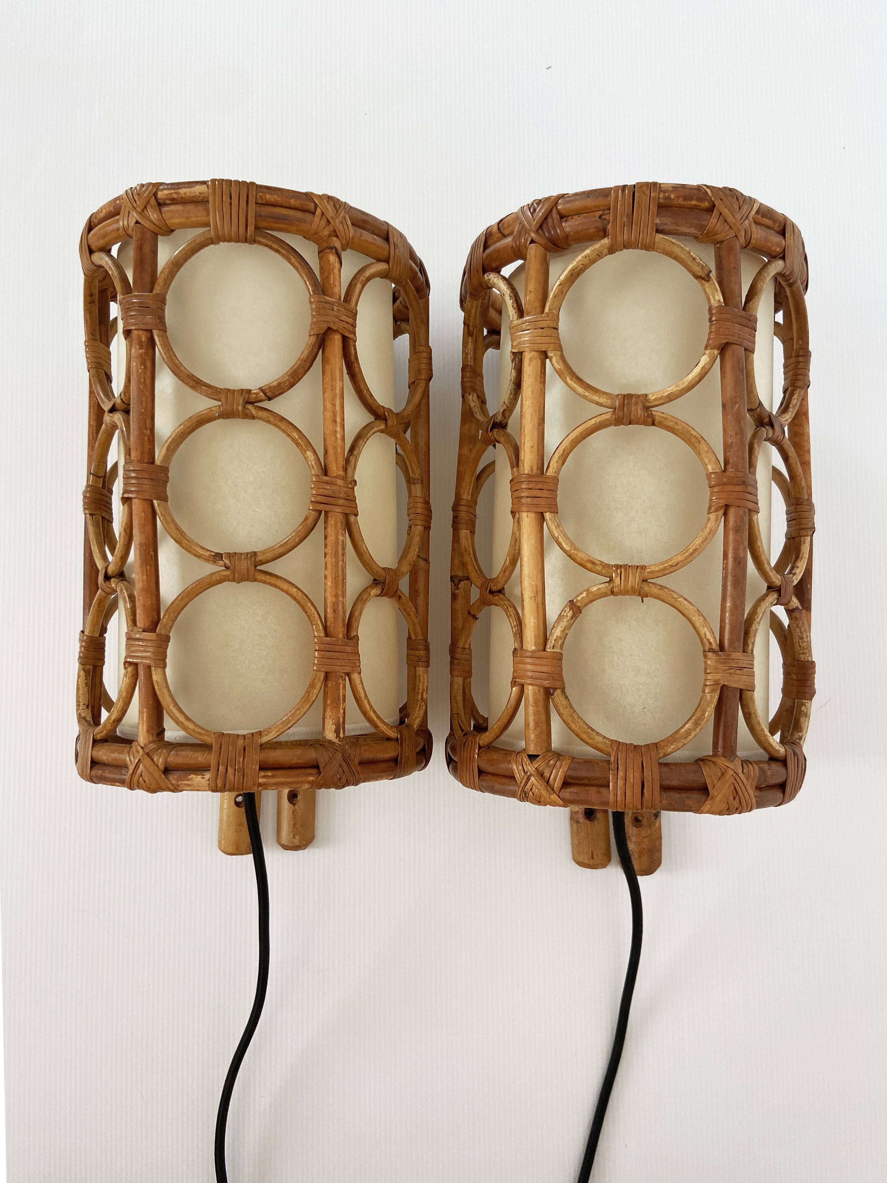 Mid-Century Rattan Wall Sconces — Louis Sognot Style
