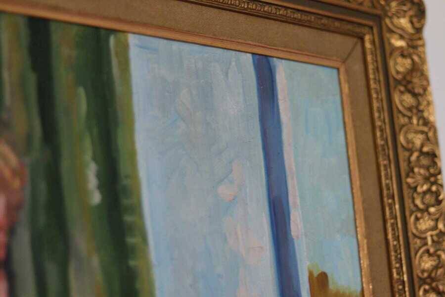 Original Swedish oil on canvas – “Woman with Flowers” by Bendt Lauritzen – signed, framed 82 × 72 cm (32.3" × 28.3")