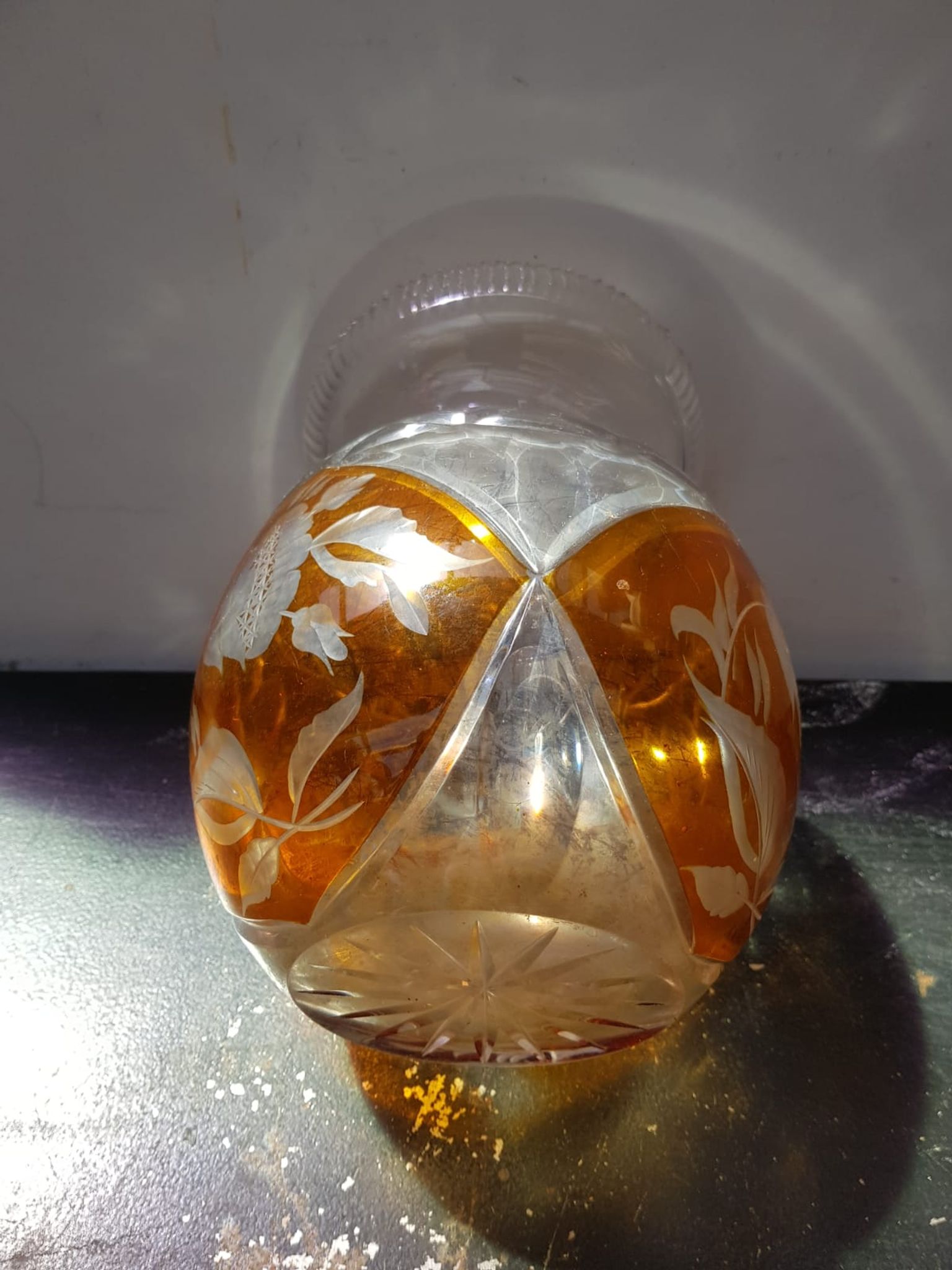 Ancien Vase Cristal Taillé Transparent & Orange Décor Fleurs Vintage