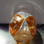 Ancien Vase Cristal Taillé Transparent & Orange Décor Fleurs Vintage