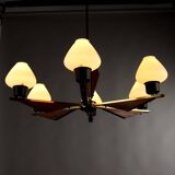 Vintage aluminum and teak chandelier, Italy, 1960s