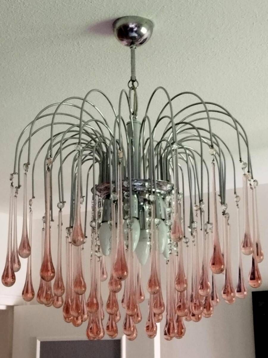 Paolo Venini: Cascade chandelier with pink Murano glass drops.