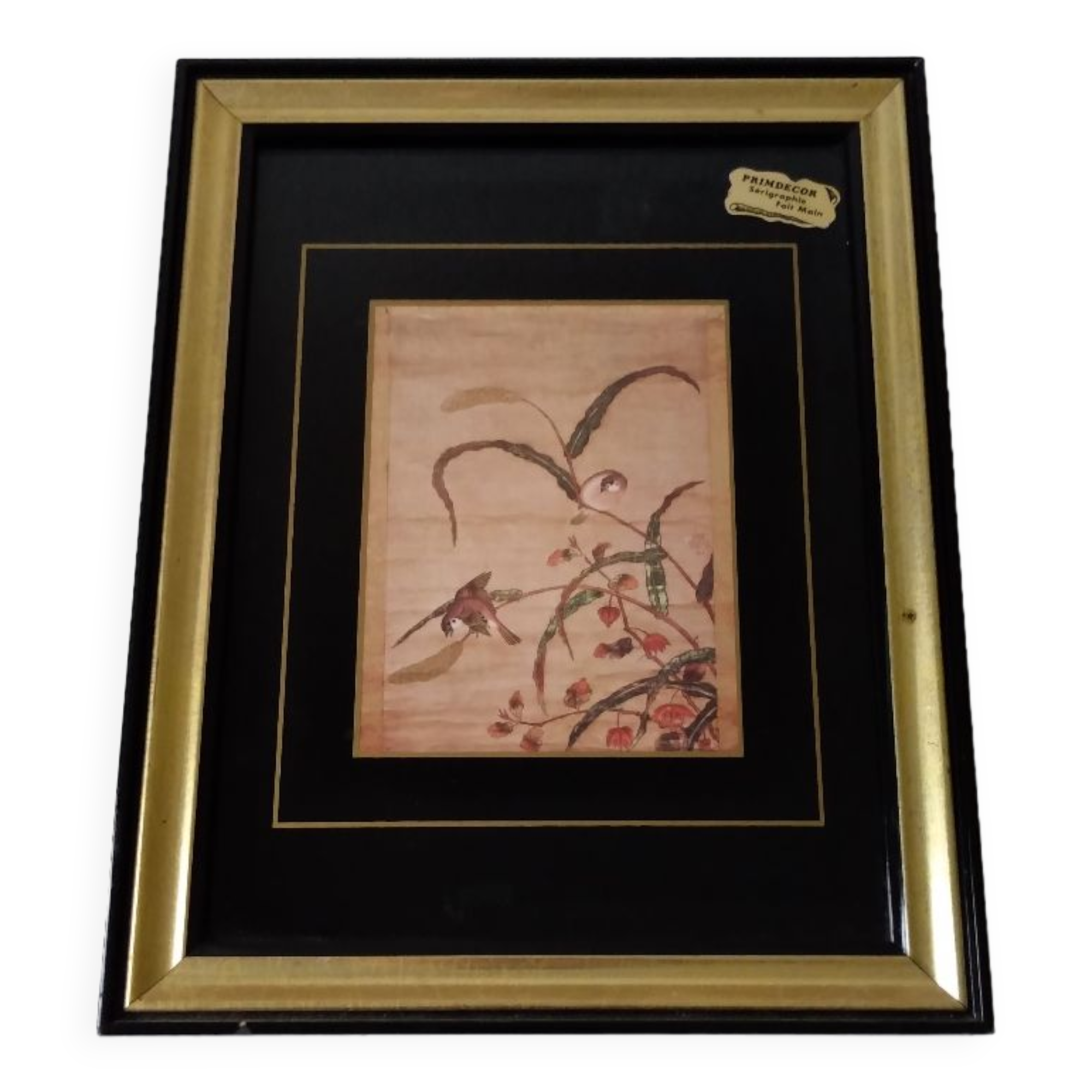 Frame decoration birds black and gold handmade screen printing France
