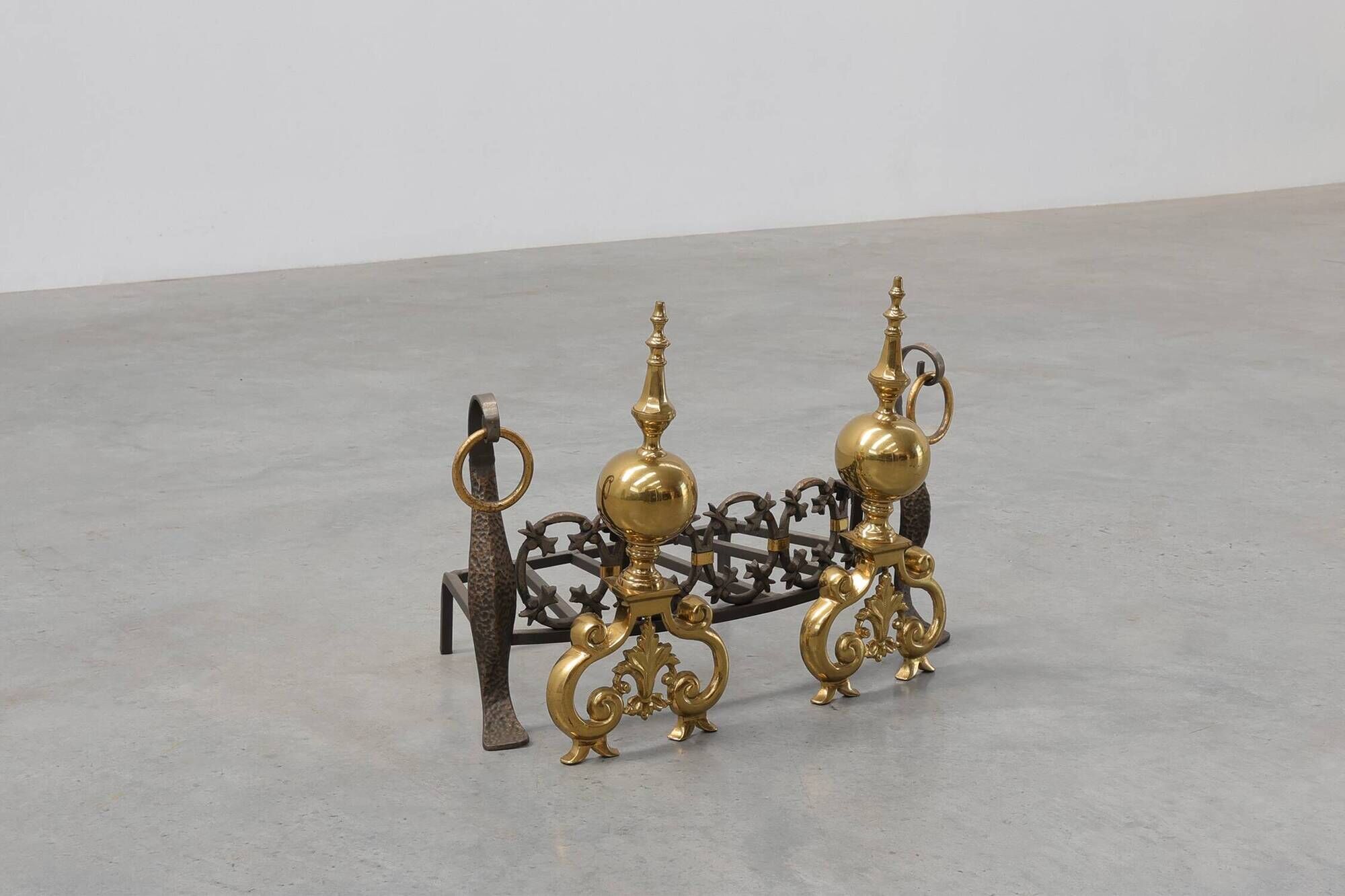 Pair of French Brass Firedogs and Wrought Iron Fireplace Grate, 20th Centur