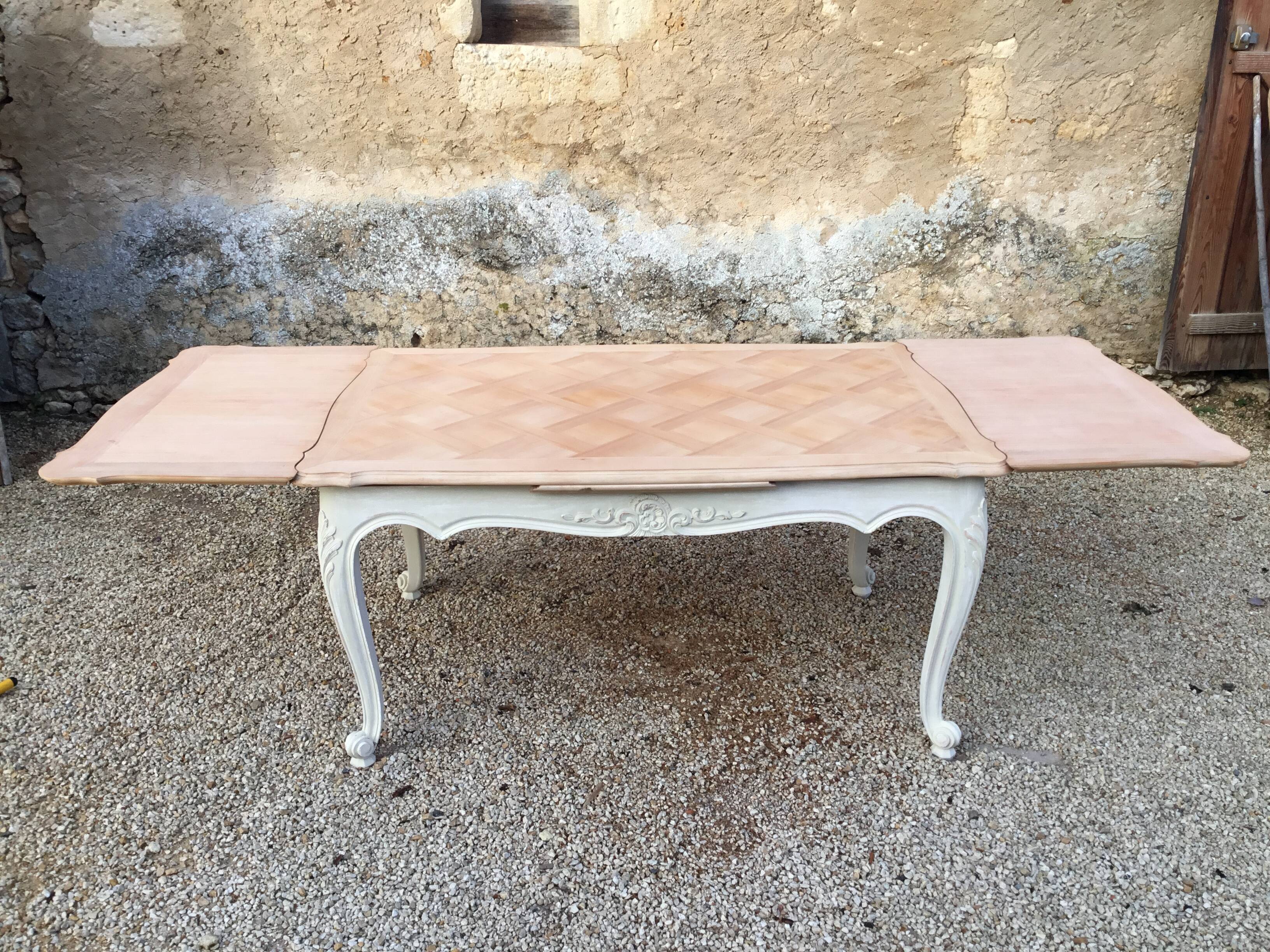 Louis XV style table in cherry wood pickled top and patinated base in light beige