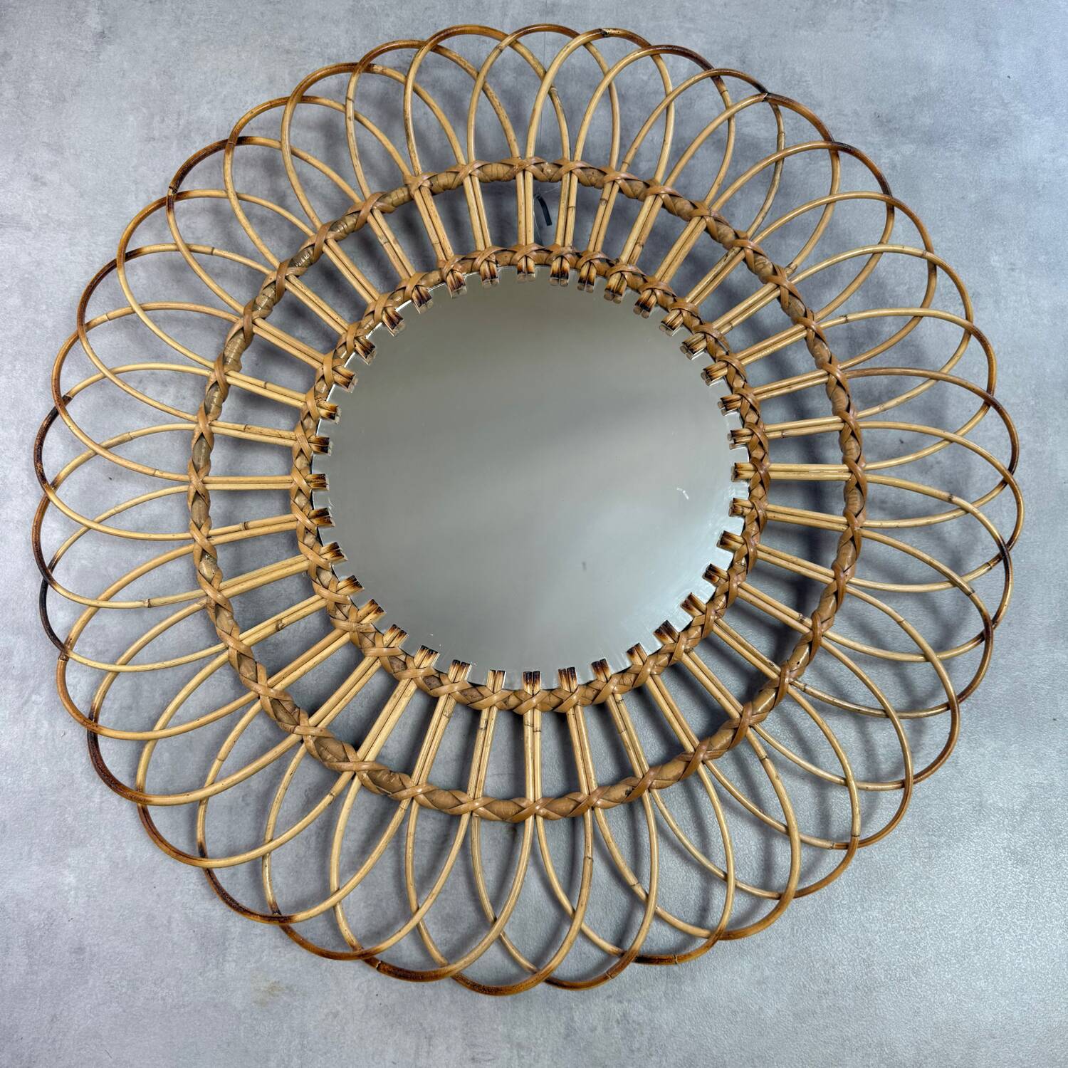 Round Sun Mirror in Rattan from the 1950s Spain Ibiza