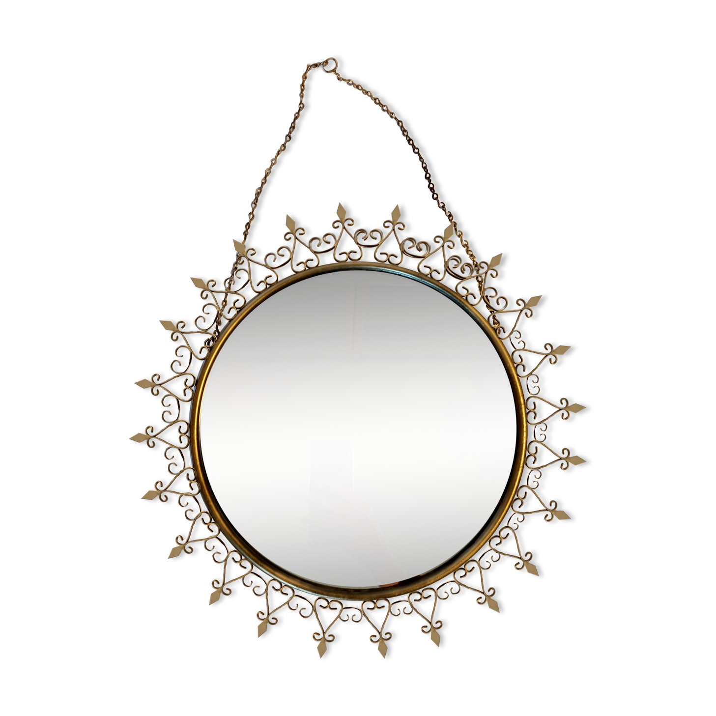 Miroir doré Chaty Vallauris signé en fer forgé Vintage, 1960.