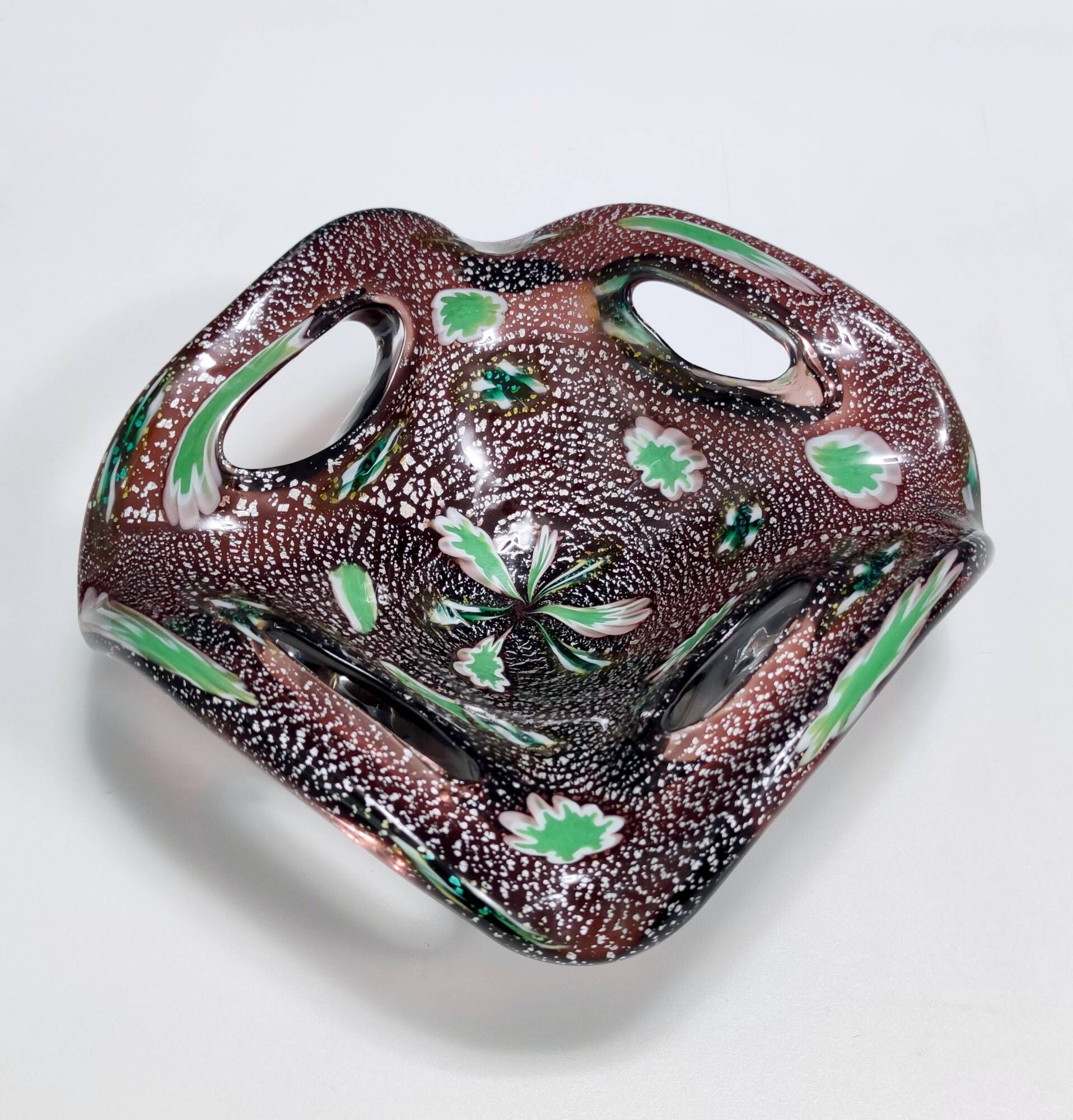 Vintage Brown Murano Glass Ashtray / Catchall by Fratelli Toso with Murrines