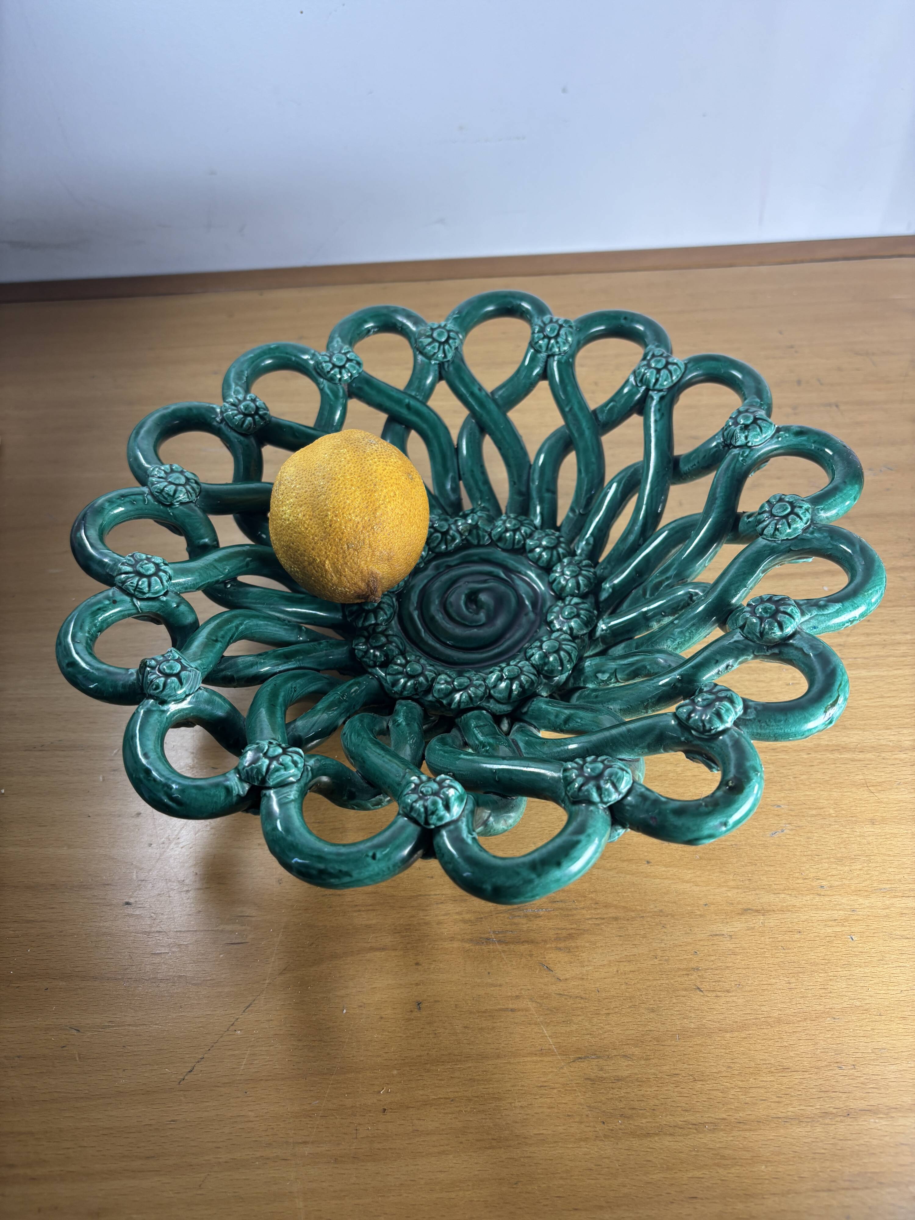 Openwork green ceramic bowl from Vallauris, 1950s.