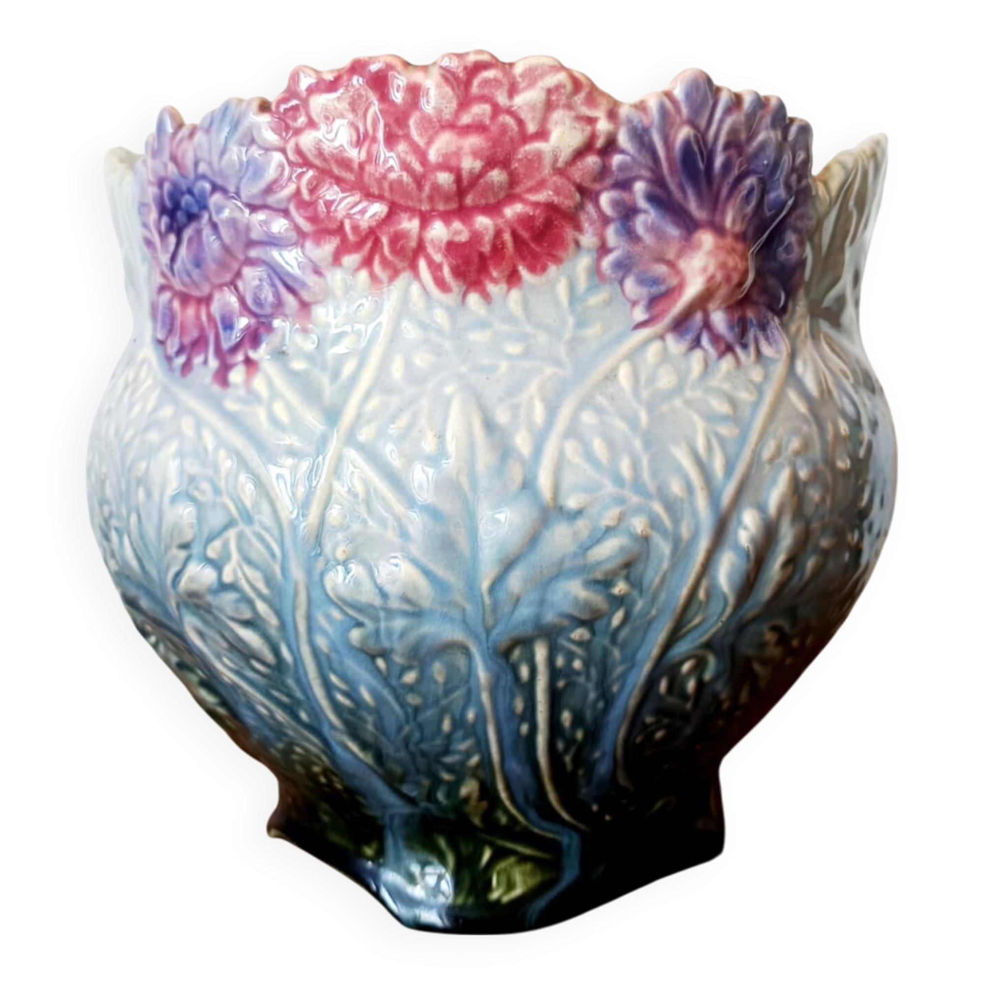 Art Nouveau flowerpot with slip peonies