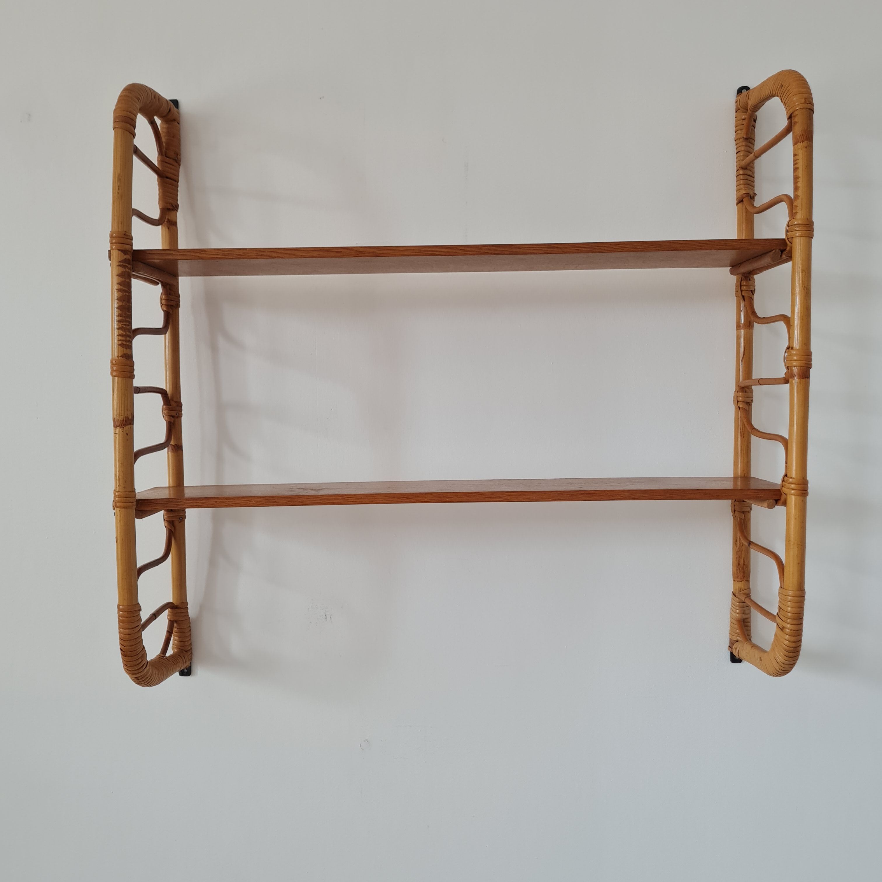 Wall shelf double modular rattan & vintage wood 50s