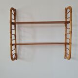 Wall shelf double modular rattan & vintage wood 50s