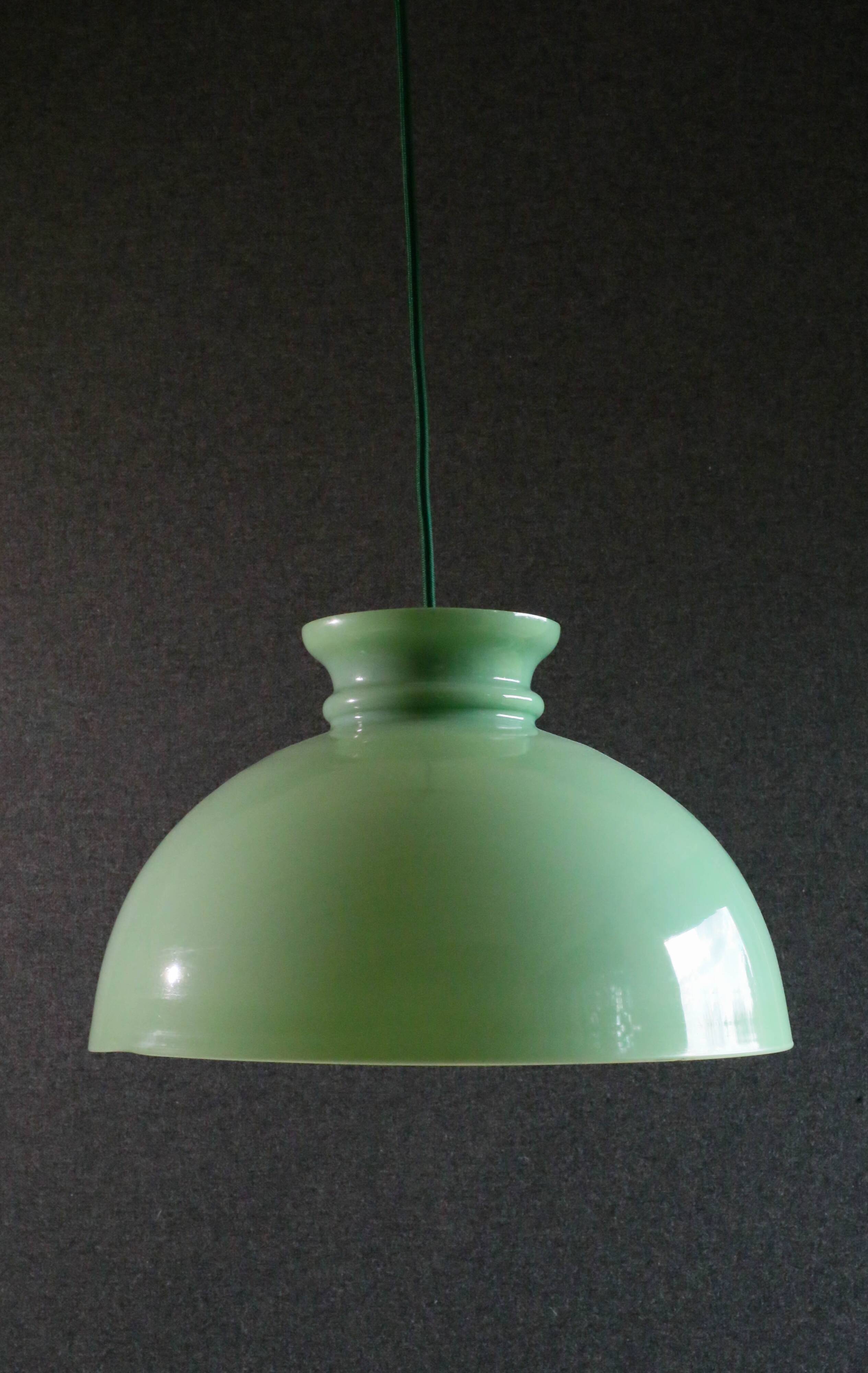 Old semi-round opaline pendant light in green glass - large model - circa 1950