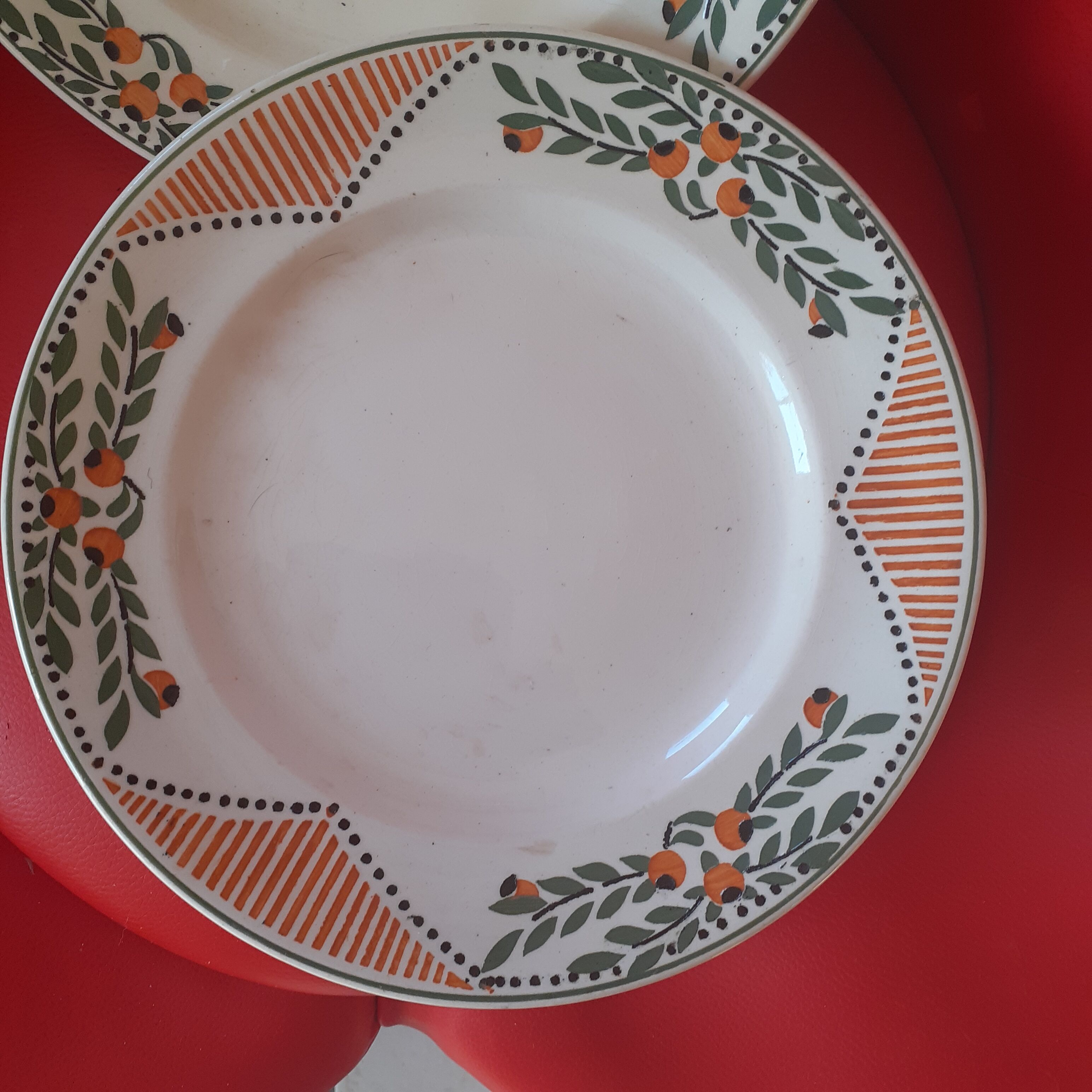 7 Longwy hollow plates. Hand-painted enameled. Model Antibes.
