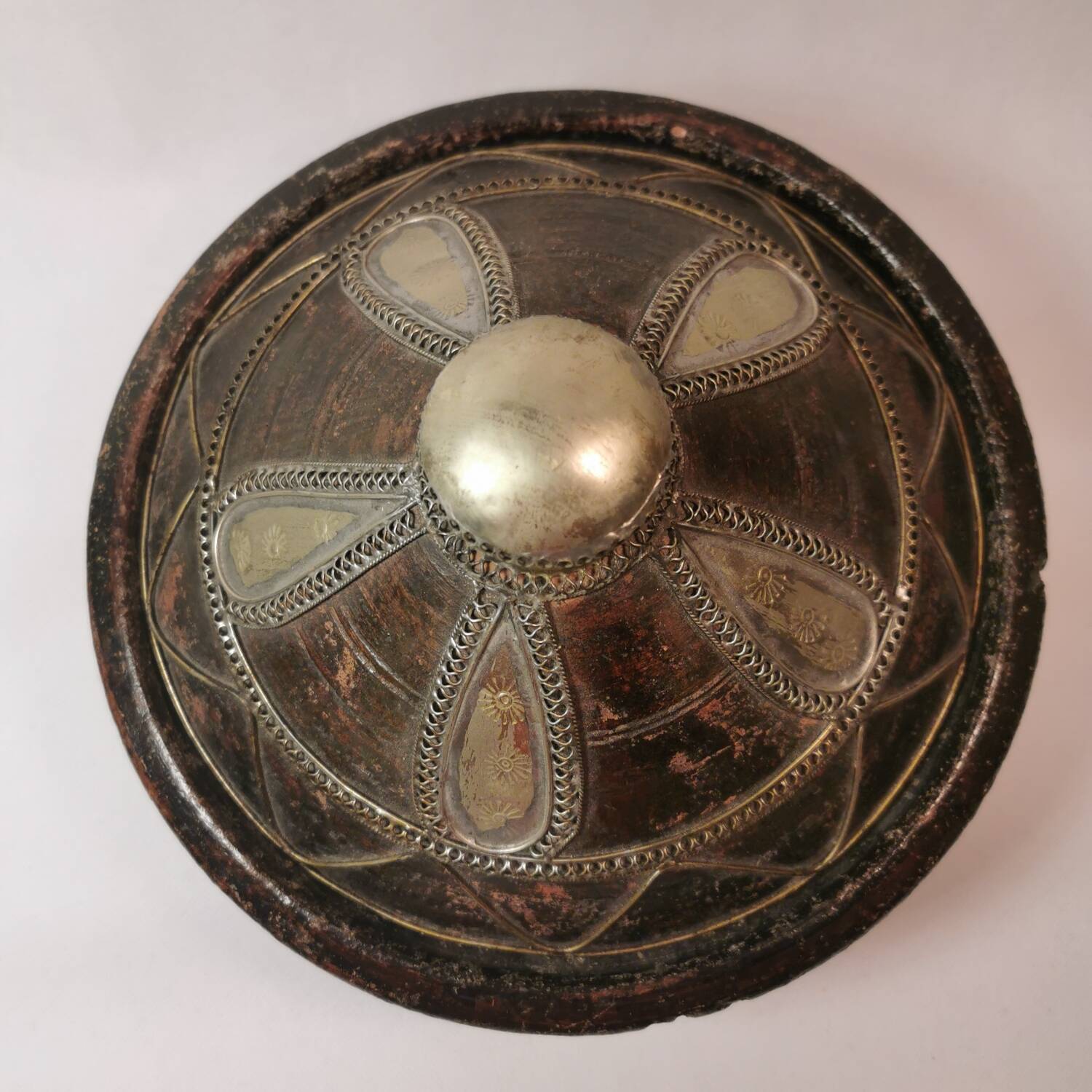 ancient tagine couscous dish hand made clay pottery silver inlays