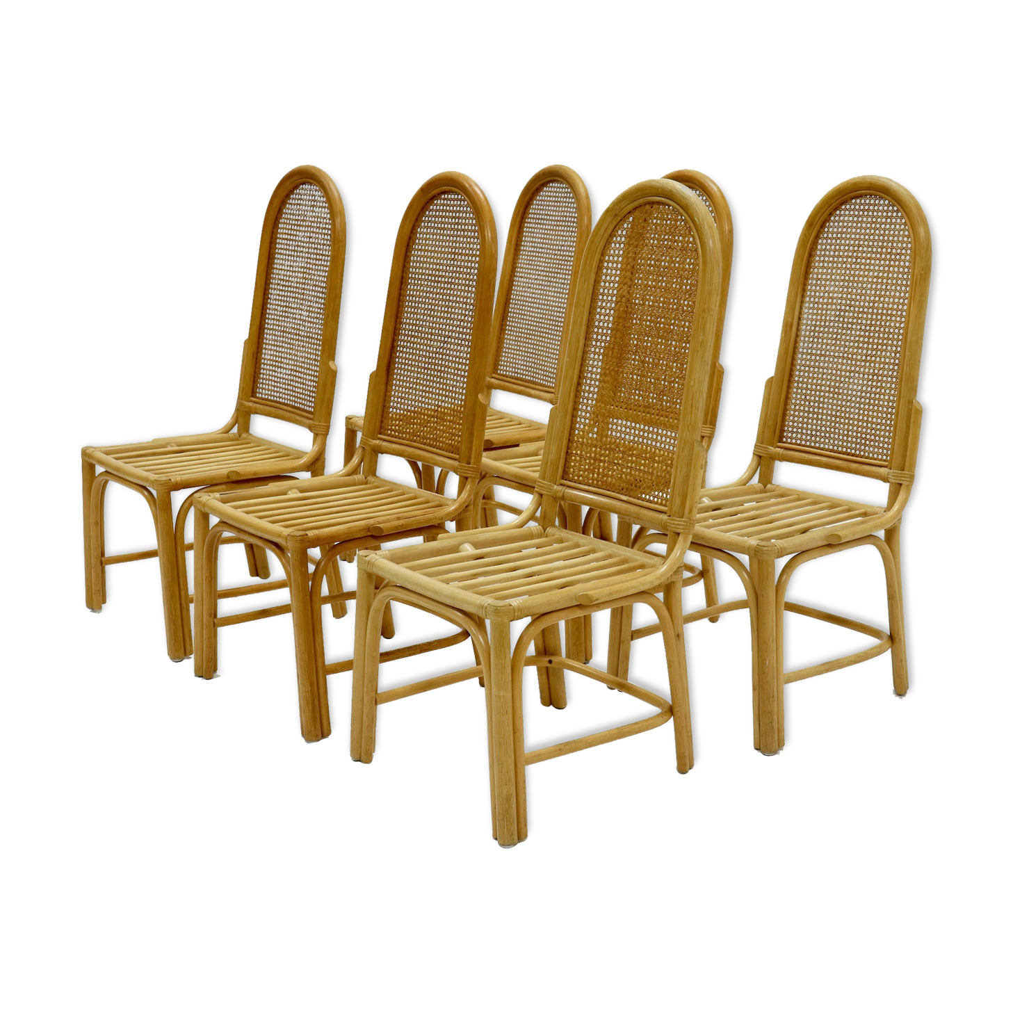 Set of 6 bamboo and webbing dining chairs 1970s