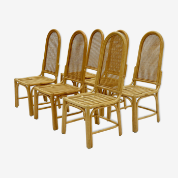 Ensemble de 6 chaises de salle à manger en bambou et sangle des années 1970